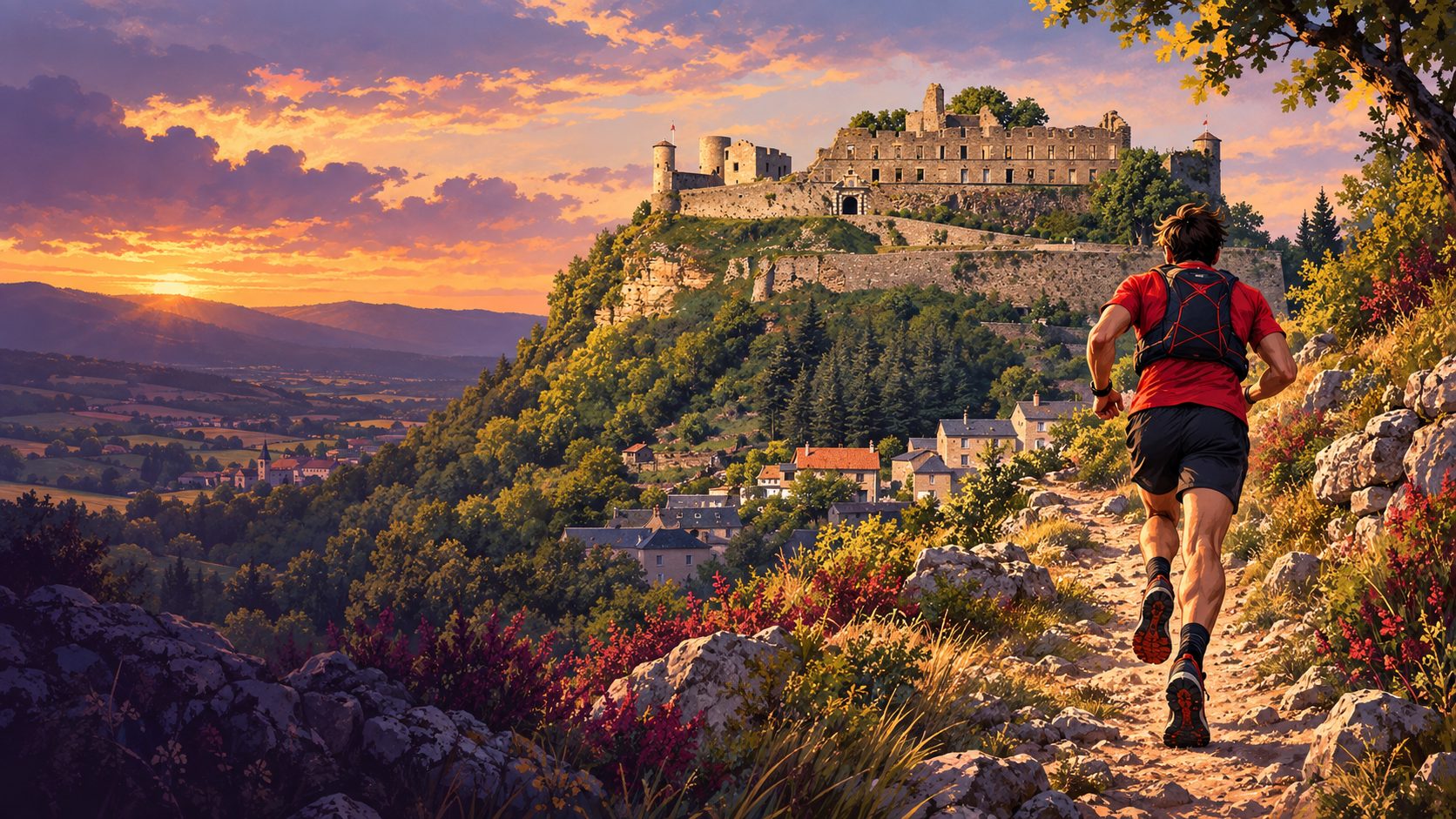 Illustration d’un athlète courant sur un sentier vers le château de Sévérac